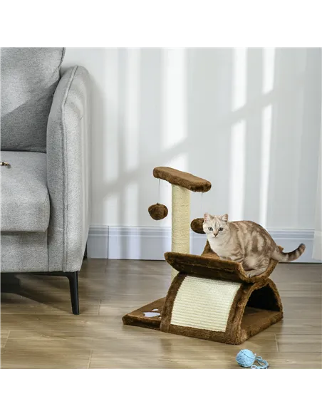 PawHut Cat Tree, Cat Tower for Kittens with Rotatable Top Bar, Sisal Scratching Post, Tunnel, Dangling Balls - Brown