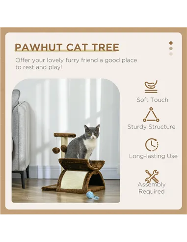 PawHut Cat Tree, Cat Tower for Kittens with Rotatable Top Bar, Sisal Scratching Post, Tunnel, Dangling Balls - Brown