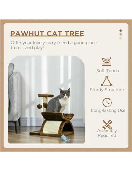 PawHut Cat Tree, Cat Tower for Kittens with Rotatable Top Bar, Sisal Scratching Post, Tunnel, Dangling Balls - Brown