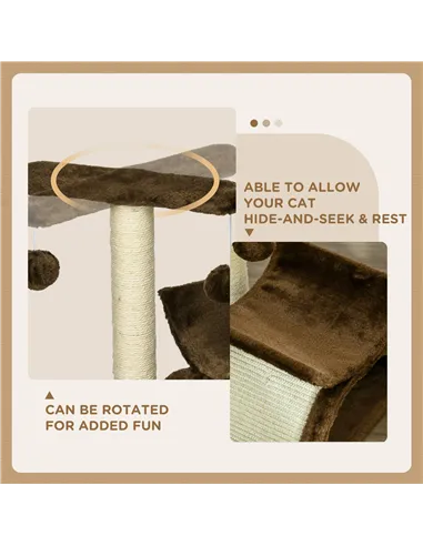PawHut Cat Tree, Cat Tower for Kittens with Rotatable Top Bar, Sisal Scratching Post, Tunnel, Dangling Balls - Brown