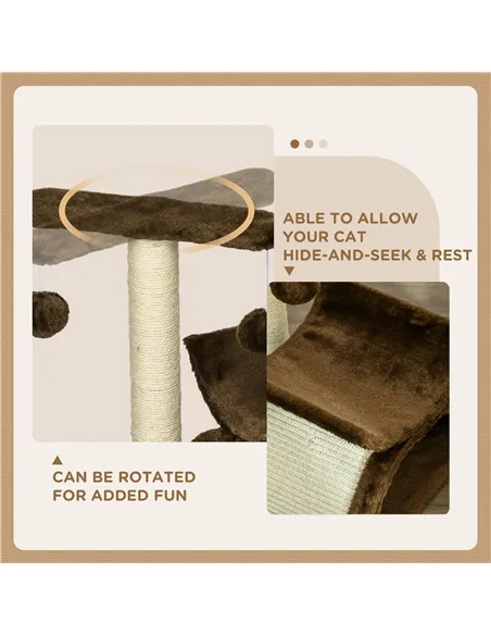 PawHut Cat Tree, Cat Tower for Kittens with Rotatable Top Bar, Sisal Scratching Post, Tunnel, Dangling Balls - Brown