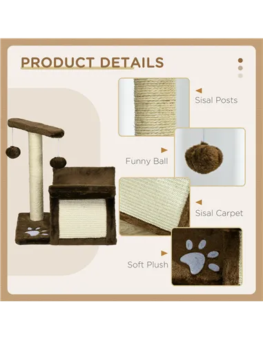 PawHut Cat Tree, Cat Tower for Kittens with Rotatable Top Bar, Sisal Scratching Post, Tunnel, Dangling Balls - Brown
