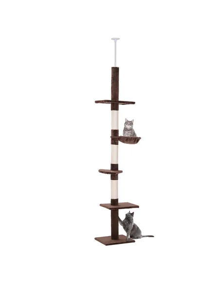 PawHut Floor to Ceiling Cat Tree Height Adjustable 230-260cm, 5-Tier Cat Tower with Scratching Post, Hammock, Perches, Climbing 