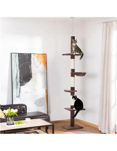 PawHut Floor to Ceiling Cat Tree Height Adjustable 230-260cm, 5-Tier Cat Tower with Scratching Post, Hammock, Perches, Climbing 