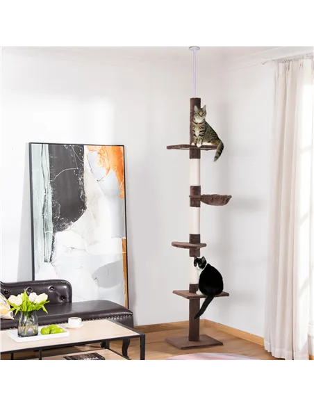 PawHut Floor to Ceiling Cat Tree Height Adjustable 230-260cm, 5-Tier Cat Tower with Scratching Post, Hammock, Perches, Climbing 