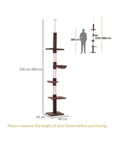 PawHut Floor to Ceiling Cat Tree Height Adjustable 230-260cm, 5-Tier Cat Tower with Scratching Post, Hammock, Perches, Climbing 