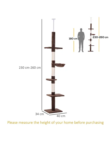 PawHut Floor to Ceiling Cat Tree Height Adjustable 230-260cm, 5-Tier Cat Tower with Scratching Post, Hammock, Perches, Climbing 