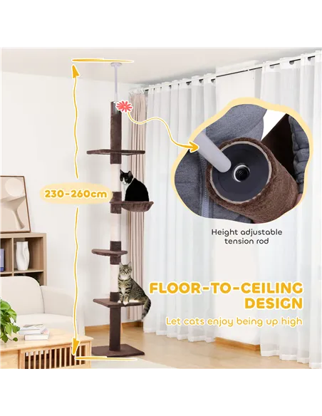 PawHut Floor to Ceiling Cat Tree Height Adjustable 230-260cm, 5-Tier Cat Tower with Scratching Post, Hammock, Perches, Climbing 