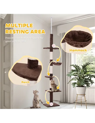 PawHut Floor to Ceiling Cat Tree Height Adjustable 230-260cm, 5-Tier Cat Tower with Scratching Post, Hammock, Perches, Climbing 