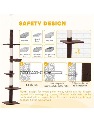 PawHut Floor to Ceiling Cat Tree Height Adjustable 230-260cm, 5-Tier Cat Tower with Scratching Post, Hammock, Perches, Climbing 