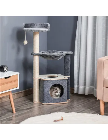 PawHut Cat Tree for Indoor Cats 95cm Climbing Tower Kitten Activity Center with Sisal Scratching Post Perch Roomy Condo Hammock 