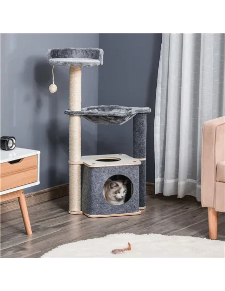 PawHut Cat Tree for Indoor Cats 95cm Climbing Tower Kitten Activity Center with Sisal Scratching Post Perch Roomy Condo Hammock 