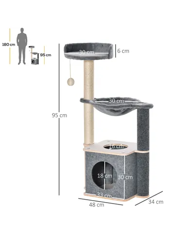 PawHut Cat Tree for Indoor Cats 95cm Climbing Tower Kitten Activity Center with Sisal Scratching Post Perch Roomy Condo Hammock 