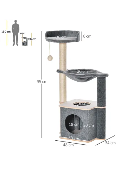 PawHut Cat Tree for Indoor Cats 95cm Climbing Tower Kitten Activity Center with Sisal Scratching Post Perch Roomy Condo Hammock 