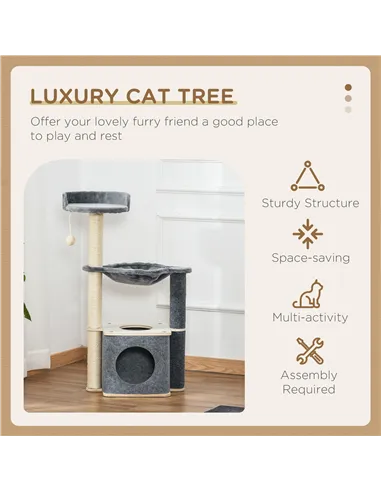 PawHut Cat Tree for Indoor Cats 95cm Climbing Tower Kitten Activity Center with Sisal Scratching Post Perch Roomy Condo Hammock 