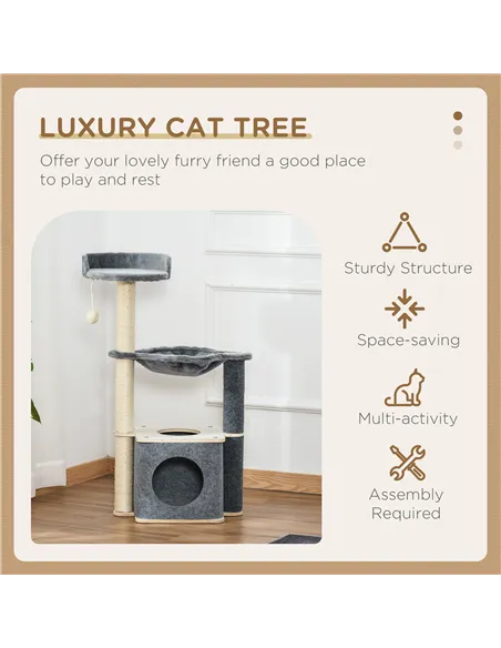 PawHut Cat Tree for Indoor Cats 95cm Climbing Tower Kitten Activity Center with Sisal Scratching Post Perch Roomy Condo Hammock 