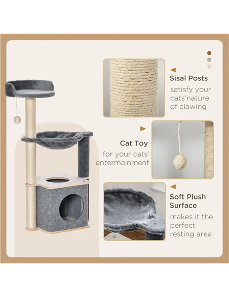 PawHut Cat Tree for Indoor Cats 95cm Climbing Tower Kitten Activity Center with Sisal Scratching Post Perch Roomy Condo Hammock 
