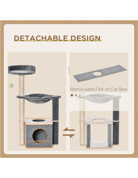 PawHut Cat Tree for Indoor Cats 95cm Climbing Tower Kitten Activity Center with Sisal Scratching Post Perch Roomy Condo Hammock 