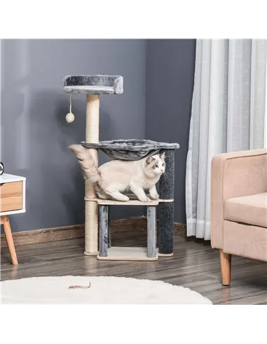 PawHut Cat Tree for Indoor Cats 95cm Climbing Tower Kitten Activity Center with Sisal Scratching Post Perch Roomy Condo Hammock 