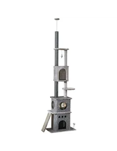 PawHut 255cm Floor To Ceiling Cat Tree for Indoor Cats Climber Scratching Post Adjustable Height Play Tower Removable Cover Grey
