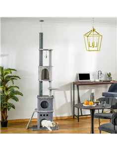 PawHut 255cm Floor To Ceiling Cat Tree for Indoor Cats Climber Scratching Post Adjustable Height Play Tower Removable Cover Grey 2