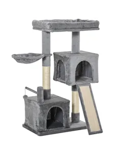 PawHut Cat Tree Tower for Indoor Cats, 111cm Kitten Activity Centre with Scratching Post Pad Hammock Condo Bed Ball Toy, Grey