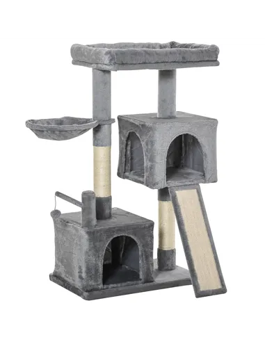 PawHut Cat Tree Tower for Indoor Cats, 111cm Kitten Activity Centre with Scratching Post Pad Hammock Condo Bed Ball Toy, Grey