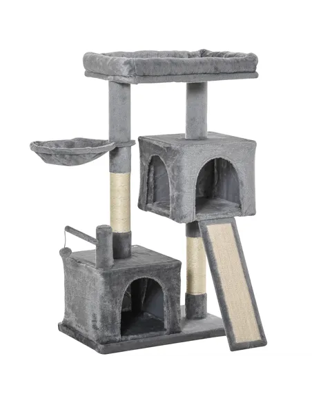 PawHut Cat Tree Tower for Indoor Cats, 111cm Kitten Activity Centre with Scratching Post Pad Hammock Condo Bed Ball Toy, Grey