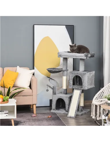 PawHut Cat Tree Tower for Indoor Cats, 111cm Kitten Activity Centre with Scratching Post Pad Hammock Condo Bed Ball Toy, Grey