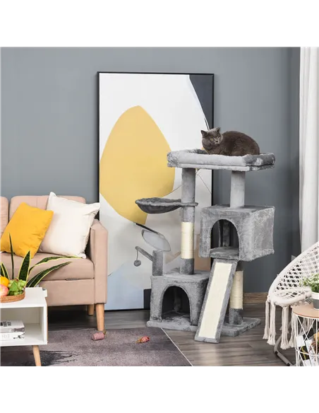 PawHut Cat Tree Tower for Indoor Cats, 111cm Kitten Activity Centre with Scratching Post Pad Hammock Condo Bed Ball Toy, Grey
