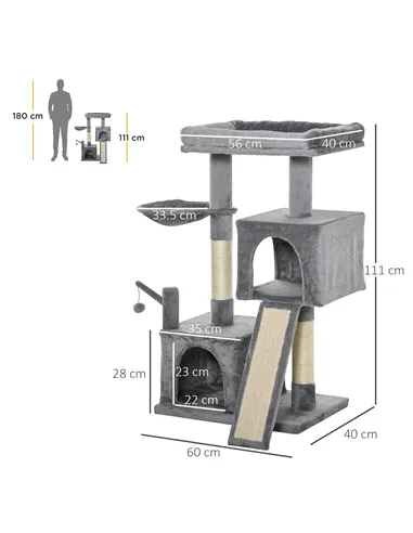 PawHut Cat Tree Tower for Indoor Cats, 111cm Kitten Activity Centre with Scratching Post Pad Hammock Condo Bed Ball Toy, Grey