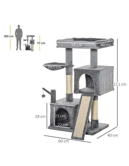 PawHut Cat Tree Tower for Indoor Cats, 111cm Kitten Activity Centre with Scratching Post Pad Hammock Condo Bed Ball Toy, Grey