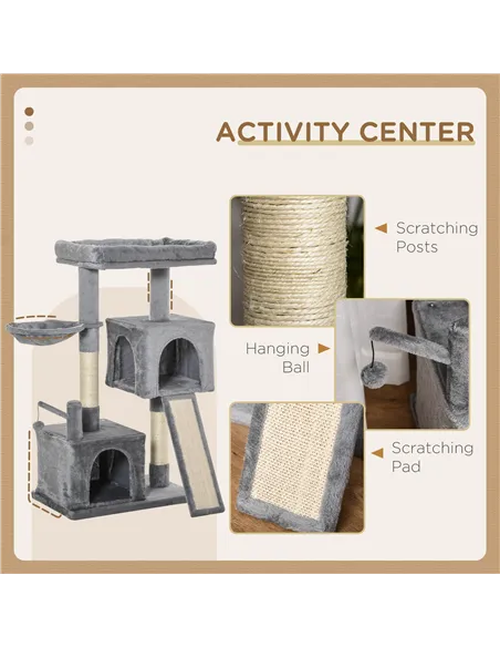 PawHut Cat Tree Tower for Indoor Cats, 111cm Kitten Activity Centre with Scratching Post Pad Hammock Condo Bed Ball Toy, Grey