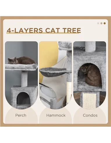 PawHut Cat Tree Tower for Indoor Cats, 111cm Kitten Activity Centre with Scratching Post Pad Hammock Condo Bed Ball Toy, Grey