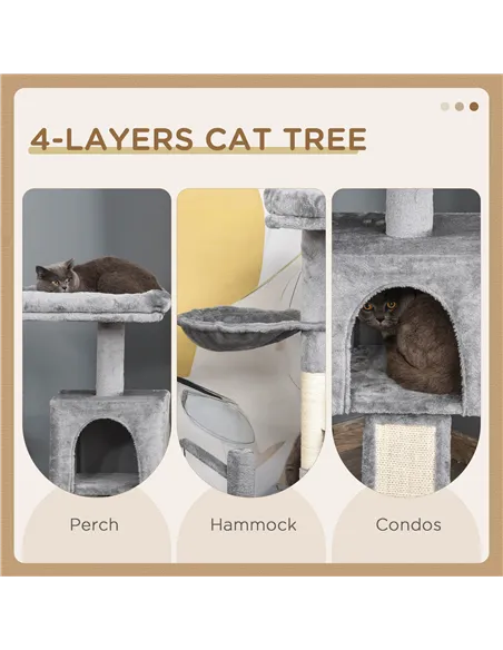 PawHut Cat Tree Tower for Indoor Cats, 111cm Kitten Activity Centre with Scratching Post Pad Hammock Condo Bed Ball Toy, Grey