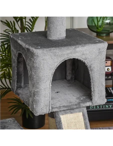 PawHut Cat Tree Tower for Indoor Cats, 111cm Kitten Activity Centre with Scratching Post Pad Hammock Condo Bed Ball Toy, Grey