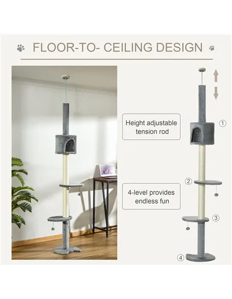 PawHut Floor to Ceiling Cat Tree for Indoor Cats, Kitten Tower, Condo, Multi-Layer Activity Center, Indoor Pet Play House with S