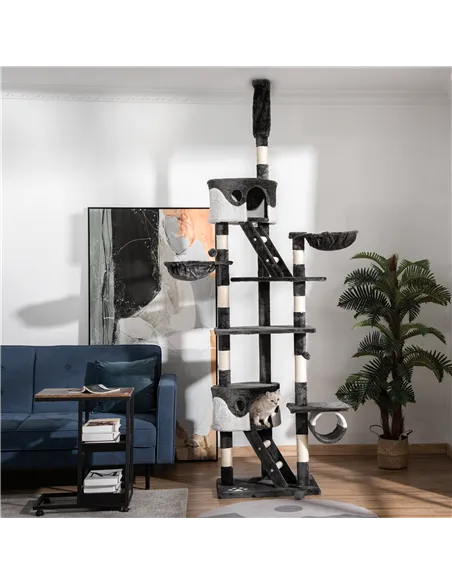 PawHut Floor-to-Ceiling Cat Tree for Indoor Cats, 240-260cm Adjustable Cat Tree - White