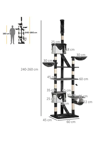 PawHut Floor-to-Ceiling Cat Tree for Indoor Cats, 240-260cm Adjustable Cat Tree - White