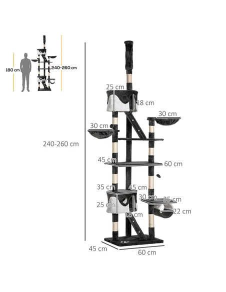 PawHut Floor-to-Ceiling Cat Tree for Indoor Cats, 240-260cm Adjustable Cat Tree - White