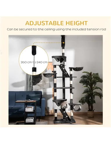 PawHut Floor-to-Ceiling Cat Tree for Indoor Cats, 240-260cm Adjustable Cat Tree - White