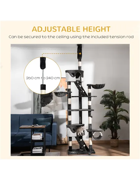 PawHut Floor-to-Ceiling Cat Tree for Indoor Cats, 240-260cm Adjustable Cat Tree - White