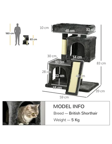 PawHut Cat Tree for Indoor Cats 83cm Cat Scratching Post Scratch Board Kitten Tower Climbing Frame Black