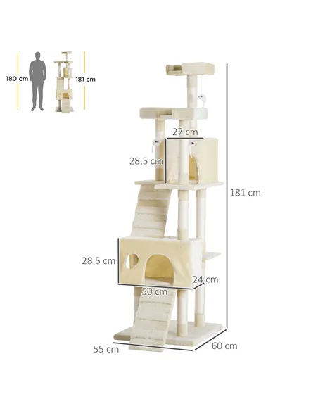 PawHut Cat Tree for Indoor Cats Play Tower Activity Center Kitten Scratch Post Climbing Tower 181 cm