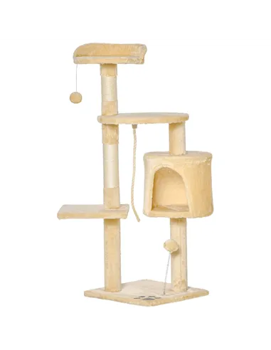PawHut Cat Tree for Indoor Cats Pet Activity Centre Kitty Condo Climbing Scratching Post with Toys 4-tier 114cm Tall Beige