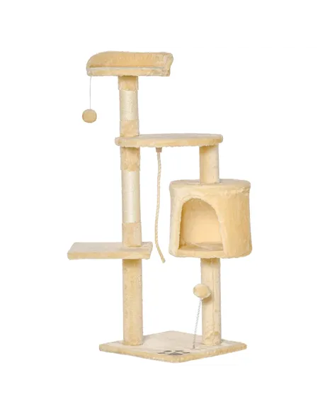 PawHut Cat Tree for Indoor Cats Pet Activity Centre Kitty Condo Climbing Scratching Post with Toys 4-tier 114cm Tall Beige