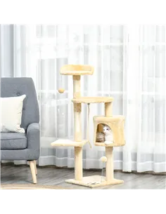 PawHut Cat Tree for Indoor Cats Pet Activity Centre Kitty Condo Climbing Scratching Post with Toys 4-tier 114cm Tall Beige 2