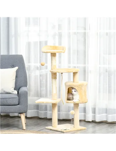 PawHut Cat Tree for Indoor Cats Pet Activity Centre Kitty Condo Climbing Scratching Post with Toys 4-tier 114cm Tall Beige
