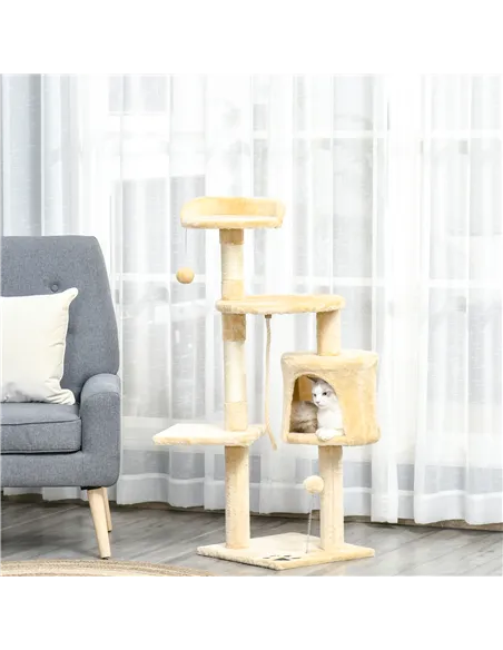 PawHut Cat Tree for Indoor Cats Pet Activity Centre Kitty Condo Climbing Scratching Post with Toys 4-tier 114cm Tall Beige