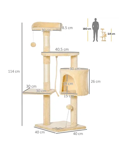 PawHut Cat Tree for Indoor Cats Pet Activity Centre Kitty Condo Climbing Scratching Post with Toys 4-tier 114cm Tall Beige